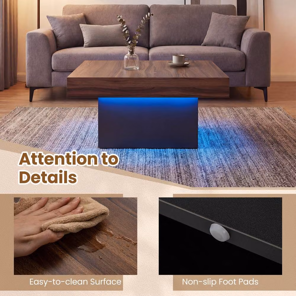 Gymax Square LED Coffee Table with Remote and 21 Dynamic Modes in Brown Wood Finish – 5