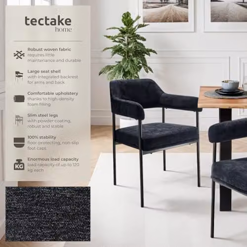 tectake Set of 2 Doe Armchairs in Black Woven Fabric with Metal Legs – 4