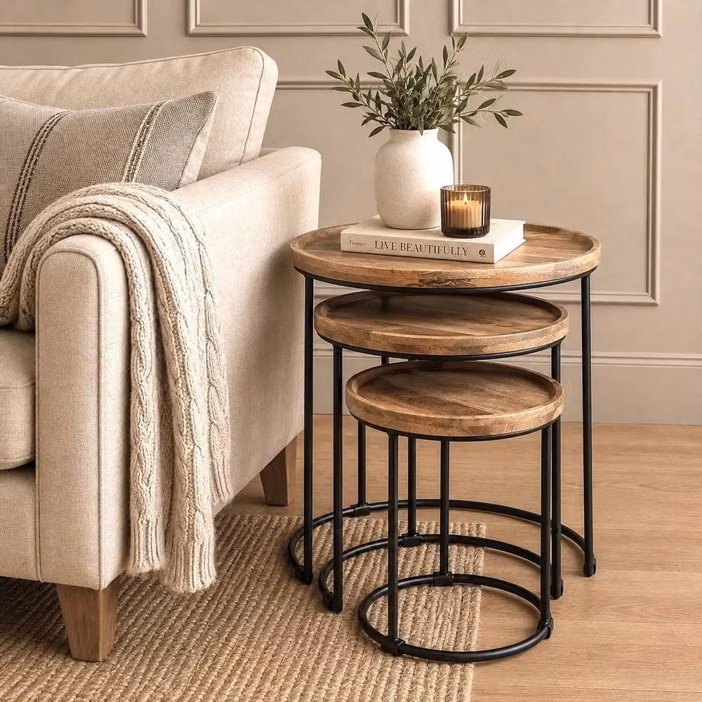 FORGEVIO Nest of 3 Round Solid Wood Side Tables in Brown – 4