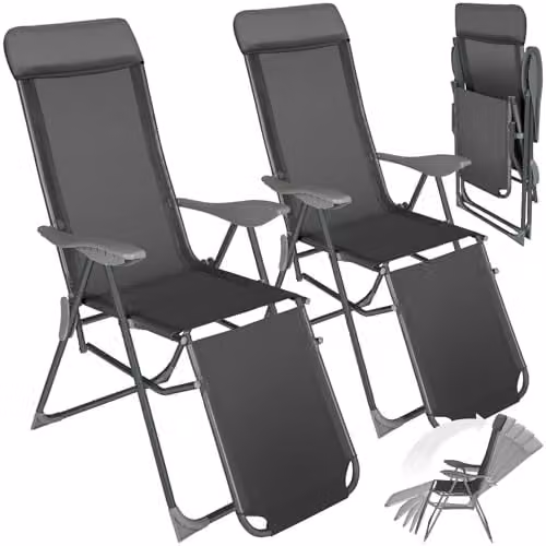 tectake Set of 2 Anthracite Sun Loungers with Adjustable Backrest, Footrest and Armrests featuring Powder Coated Aluminium Frames and Textilene Fabric