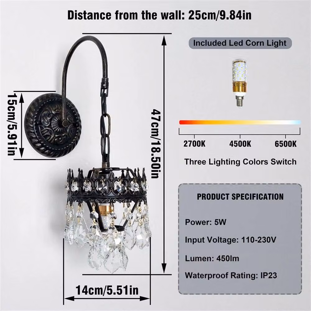 PAWNORA Classic Crystal and Metal Wall Sconce Chandelier in Black or Gold/Brass with Transparent Glass – 2