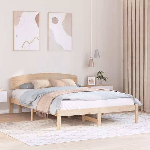 Berkfield Home Solid Wood Pine Bed Frame with Headboard, Beige, W: 150 cm, D: 200 cm