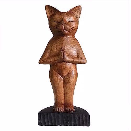 KDMD Handcarved Wooden Yoga Cat Figurine in Brown, H 12.0 cm x W 7.0 cm x D 12.0 cm – 1
