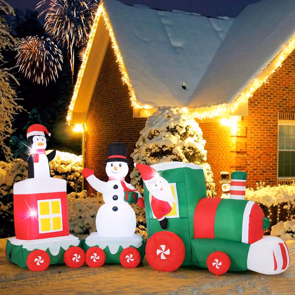 Gymax Red and Multicolour Christmas Inflatable Santa Claus Driving Train with LED Lights – 2
