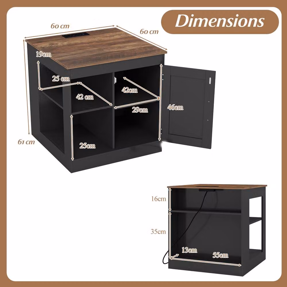 Costway Farmhouse Wooden Nightstand with Charging Station and Media Compartments in Black – 2