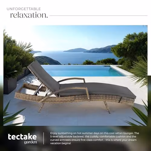 tectake Rattan Sun Lounger with 5-Position Adjustable Backrest and Soft Cushion in Nature – 6