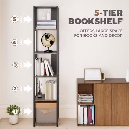 HOMCOM Modern 5-Tier Tall Bookshelf Display Unit in Grey and Black, H 165 x W 33.5 x D 30 cm – 3