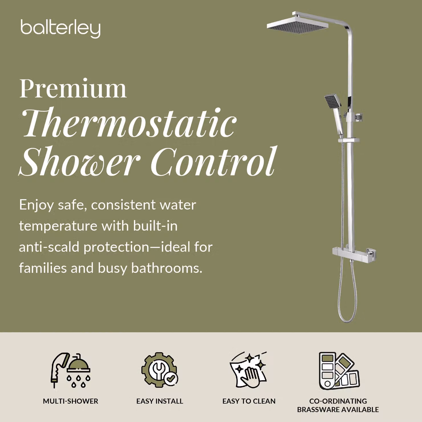 Balterley Empire Square Shower Kit with Fixed Head, Adjustable Handset and Thermostat in Chrome and Silver – 2