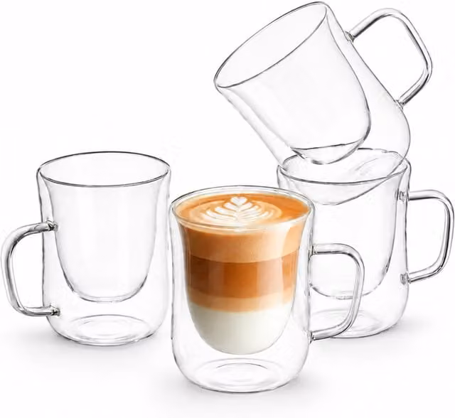 Eden & Willow Set of 4 Double Walled Glass Coffee Mugs, Transparent, Height: 12 cm
