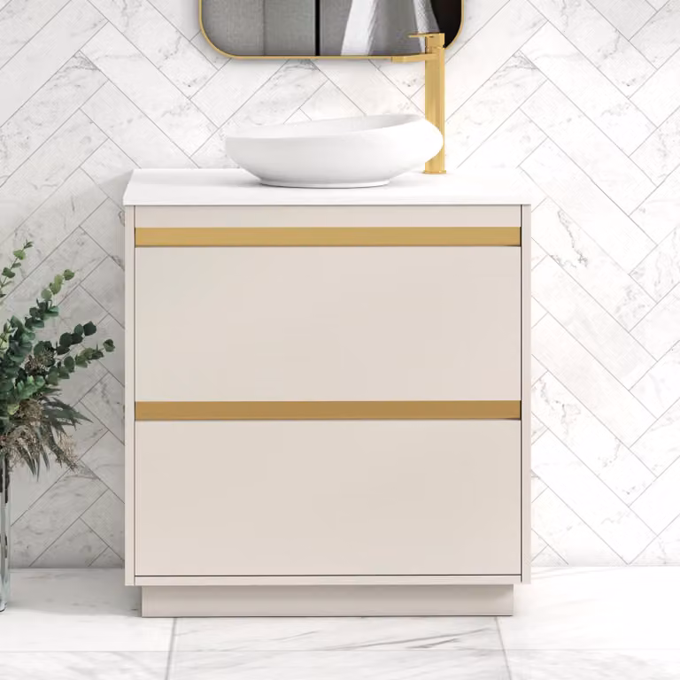 Royal Bathrooms Orion 800mm Warm Taupe Floor Standing 2 Drawer Vanity Unit with Nova Basin and Brushed Brass Accent Trim