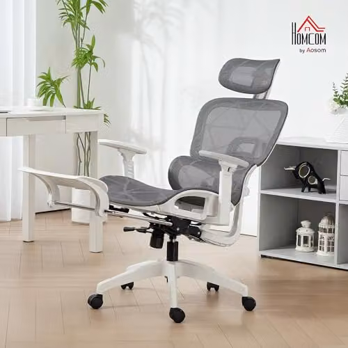 HOMCOM Ergonomic Swivel Office Chair with Headrest and Seat Depth Adjustment, Grey and White, H 122 x W 66 x D 64 cm – 2