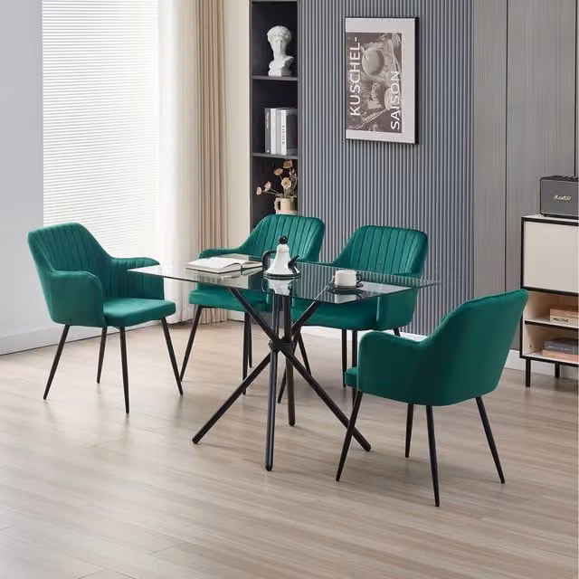 Madefor.living Miami Dining Set with Rectangular Glass Table and 4 Green Charlotte Velvet Chairs