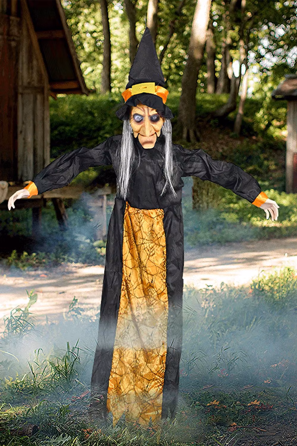 H&O Direct 1.7m Halloween Voice-Controlled Witch with LED Red Eyes in Black – 2