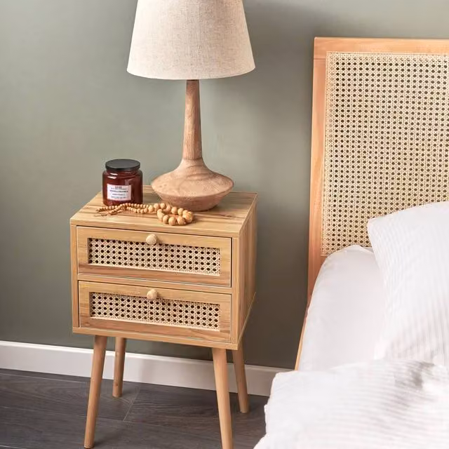 Wyld and Coco Light Brown Bedside Table with Rattan Viennese Braid and Beech Wood Finish – 1