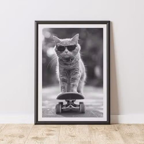60 Second Makeover Cat Skateboarding Illustration Paper Poster, A3, Multicolour