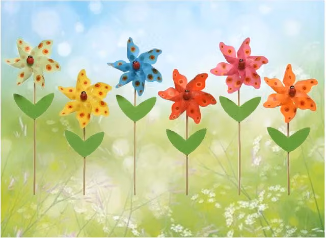 Decoris Set of 6 Decorative Mini Garden Windmills with Ladybird Centre in Multi Colour