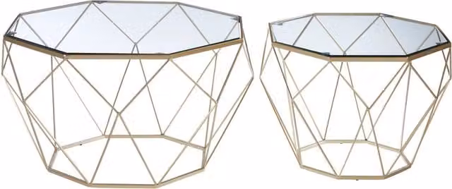 Orsina Set of 2 Geometric Clear Glass and Metal Nesting Side Tables with Silver Finish, W/D/H: 73 x 43 x 40 cm and 73 x 40 x 43 cm