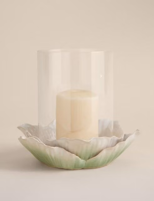 M&S Petal Hurricane Candle Holder, Multicolour Ceramic and Glass Tabletop Pillar Holder