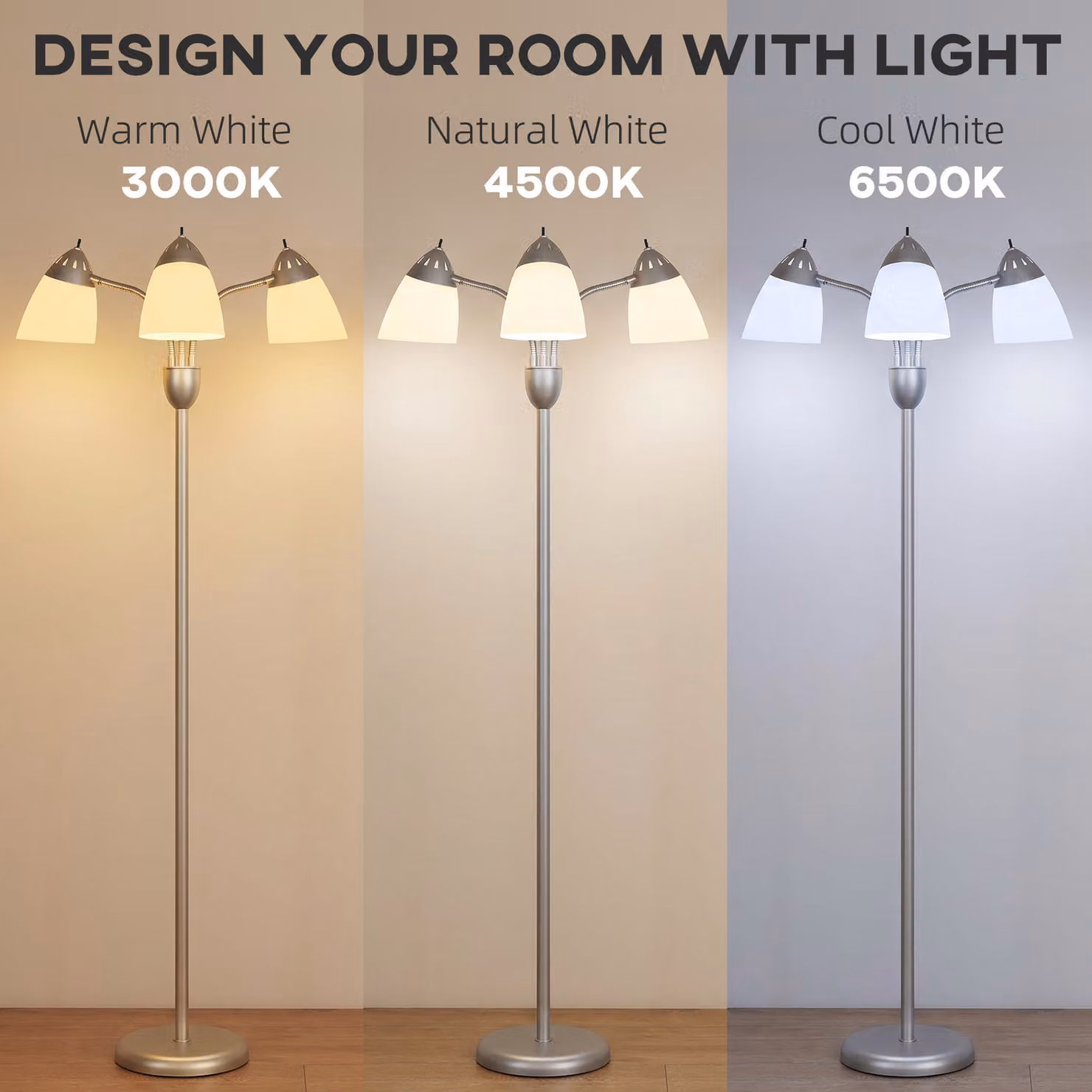 HOMCOM Arc Tree Floor Lamp in Silver with 3 Adjustable Rotating Lights and CCT Colour Temperatures – 3
