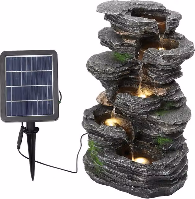 Darphe Solar Powered Outdoor Garden Rockery Fountain with Lights in Grey and Green, Height: 48.5 cm