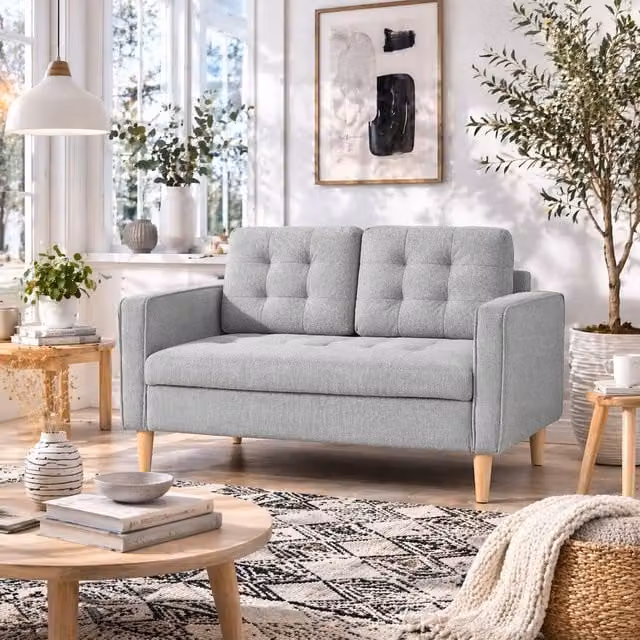 Wyld Haus Pamo 2 Seater Compact Fabric Sofa in Light Grey with Hidden Storage and Tufted Detail – 1