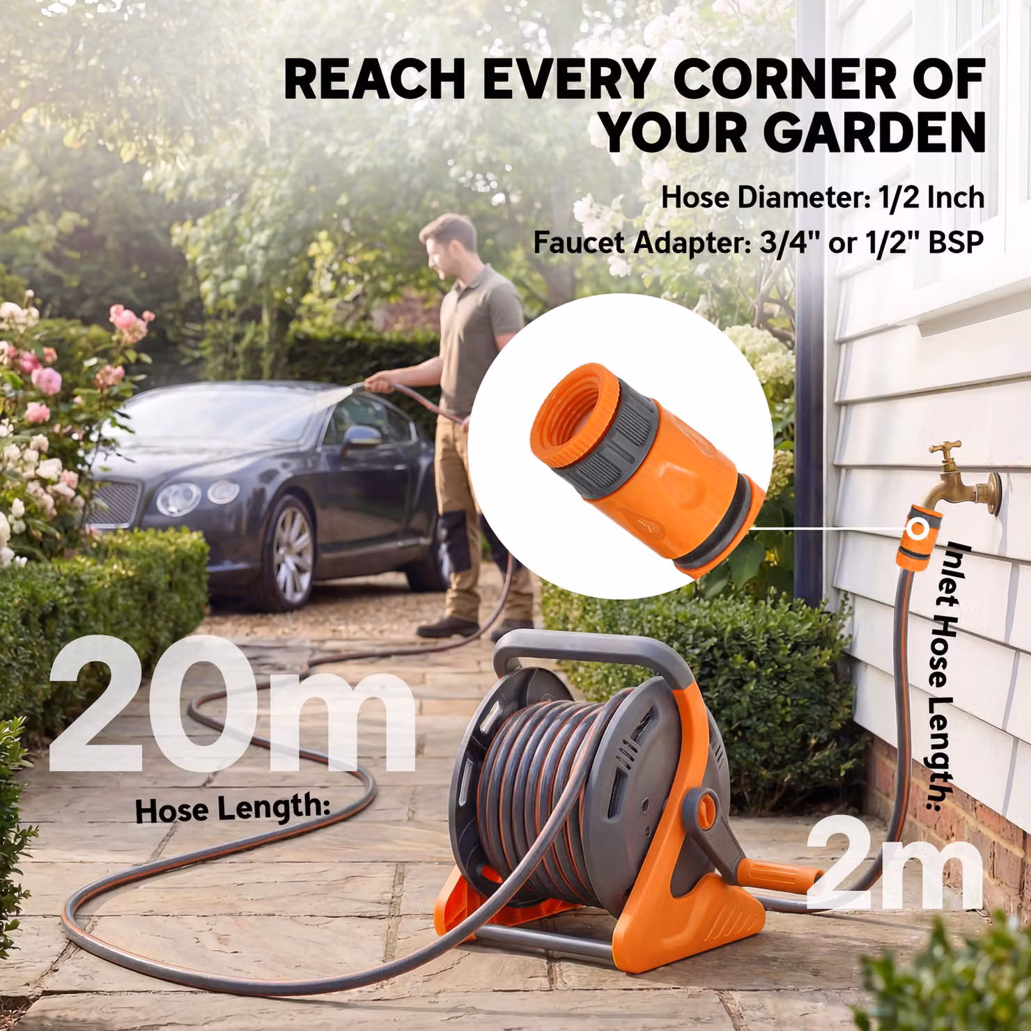 Outsunny Portable Wall Mounted Garden Hose Reel with 2-Pattern Spray Nozzle and Crank Handle, Orange – 4