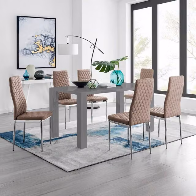 FurnitureboxUK Pivero Grey High Gloss Rectangular Dining Table and 6 Modern Milan Chairs in Cappuccino