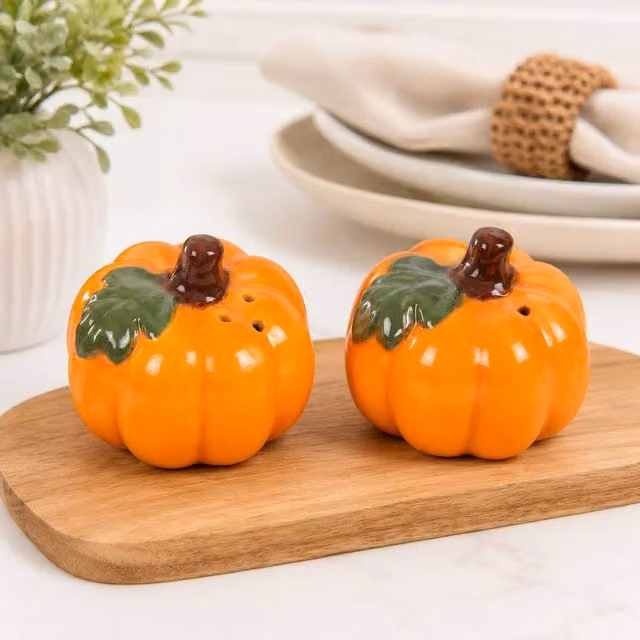 Marco Paul Pumpkin Ceramic Salt and Pepper Shakers, Orange, 2 Pack