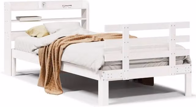 Berkfield Home Single Bed Frame with Headboard and Side Compartments in White Solid Pine, W/D/H: 90 x 190 cm