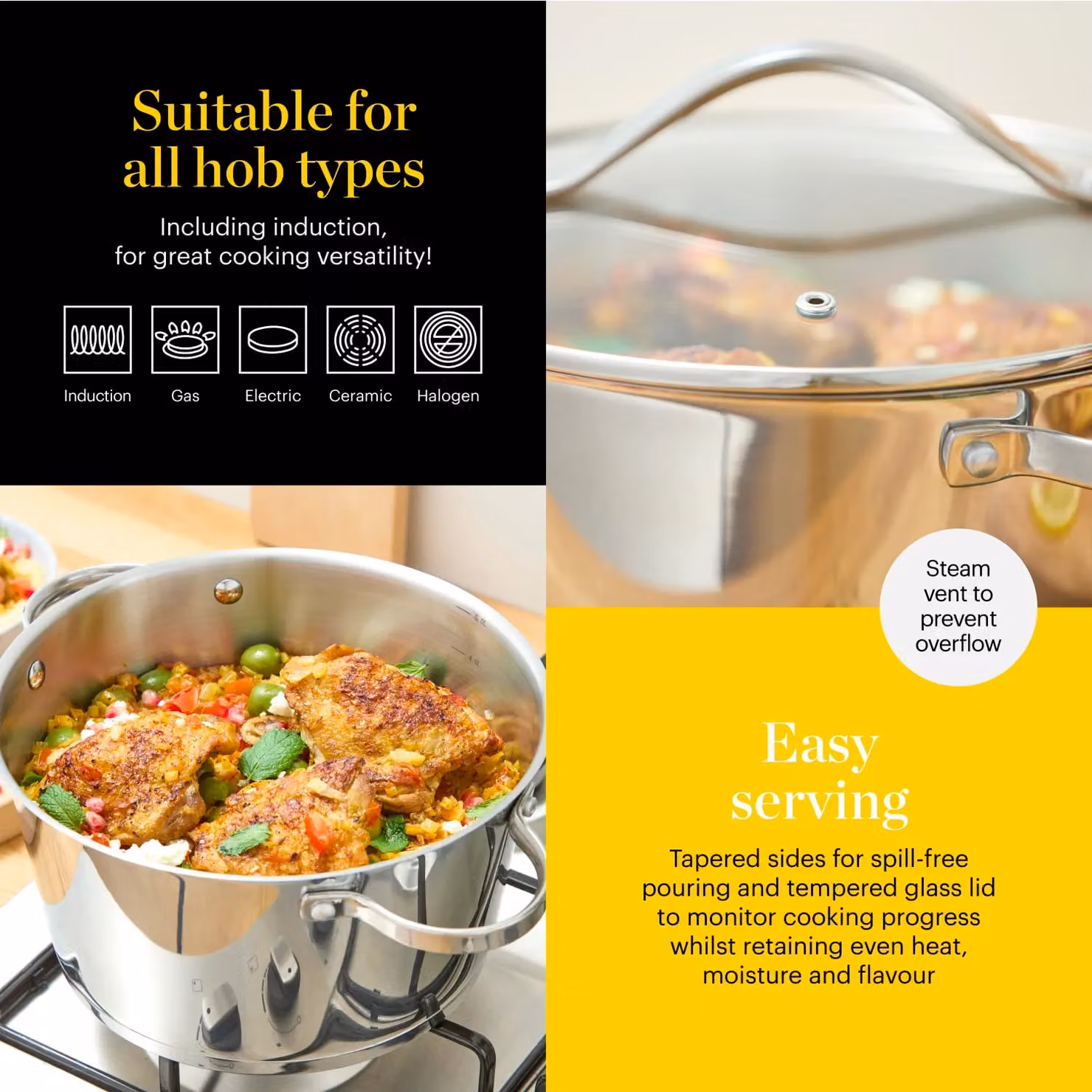 Tower Good Food in partnership 24cm Casserole in Silver with Glass Lid – 3