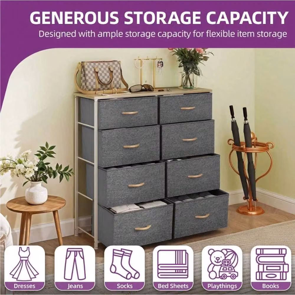 VOGREX 8 Drawer Bedroom Storage Chest with Black Steel Frame and Dark Grey Fabric Drawers – 3