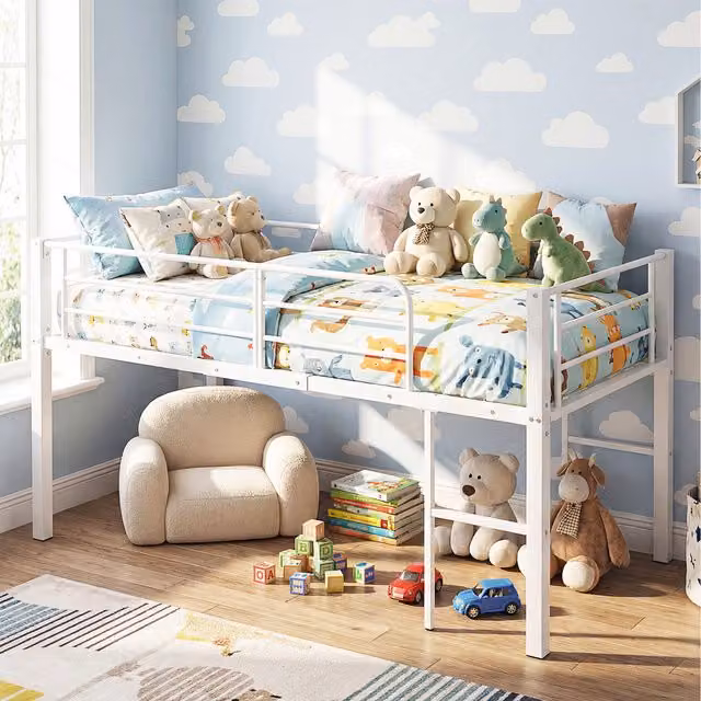 Costway Modern White Metal Low Loft Single Bed for Children