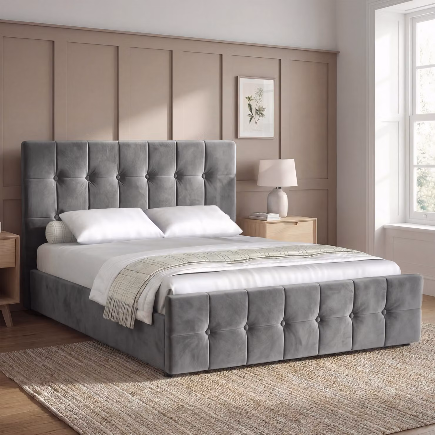 DHS Square Velvet Ottoman Storage Bed Frame in Grey, W/D/H: 180 x 200 cm