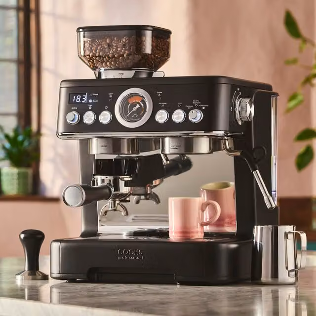 Cooks Professional Bean-To-Cup Espresso Coffee Machine with Grinder and Steam Wand, Black
