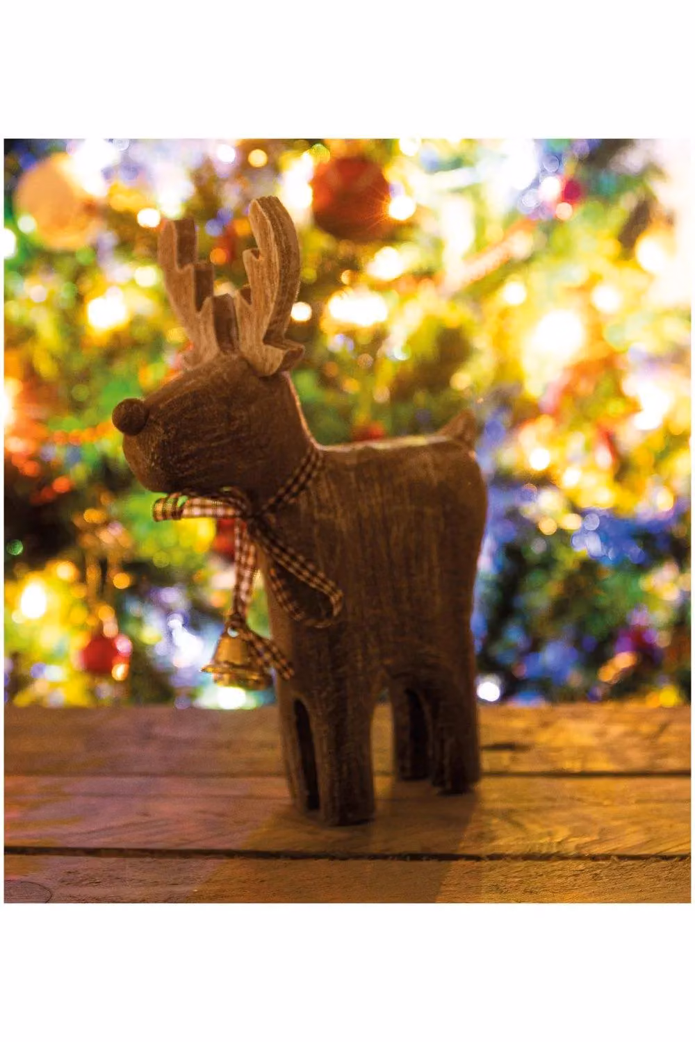 St Helens Home & Garden Wooden Reindeer Christmas Decoration with Brown Checked Collar and Bells in a Rustic Finish – 8