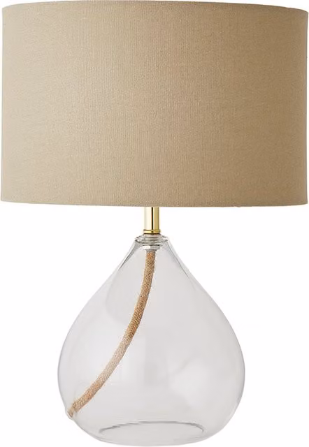 ValueLights Eloise Clear Glass Table Lamp with White and Beige Linen Drum Lampshade