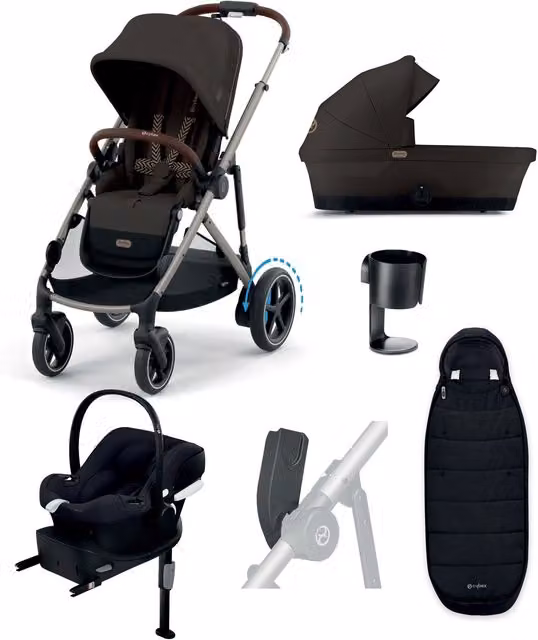 Cybex e-Gazelle S Electric Pushchair Bundle with Cybex Aton B2 i-Size Car Seat and Base, 6 Pieces, Chocolate Brown