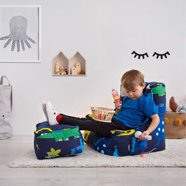 Ready Steady Bed Kids Bean Bag Armchair with Footstool in Dino Dark Blue Polycotton Fabric