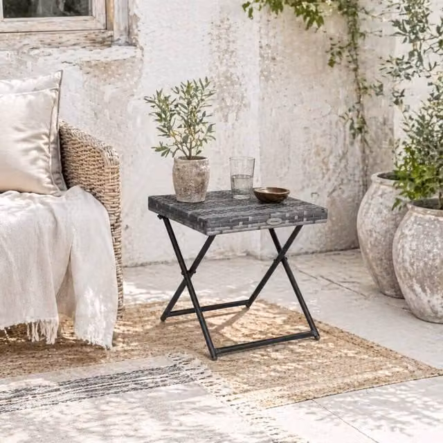 Wyld Haus Grey Faux Rattan Square Folding Side Table with Steel Frame, W/D/H: 40 x 40 x 40 cm