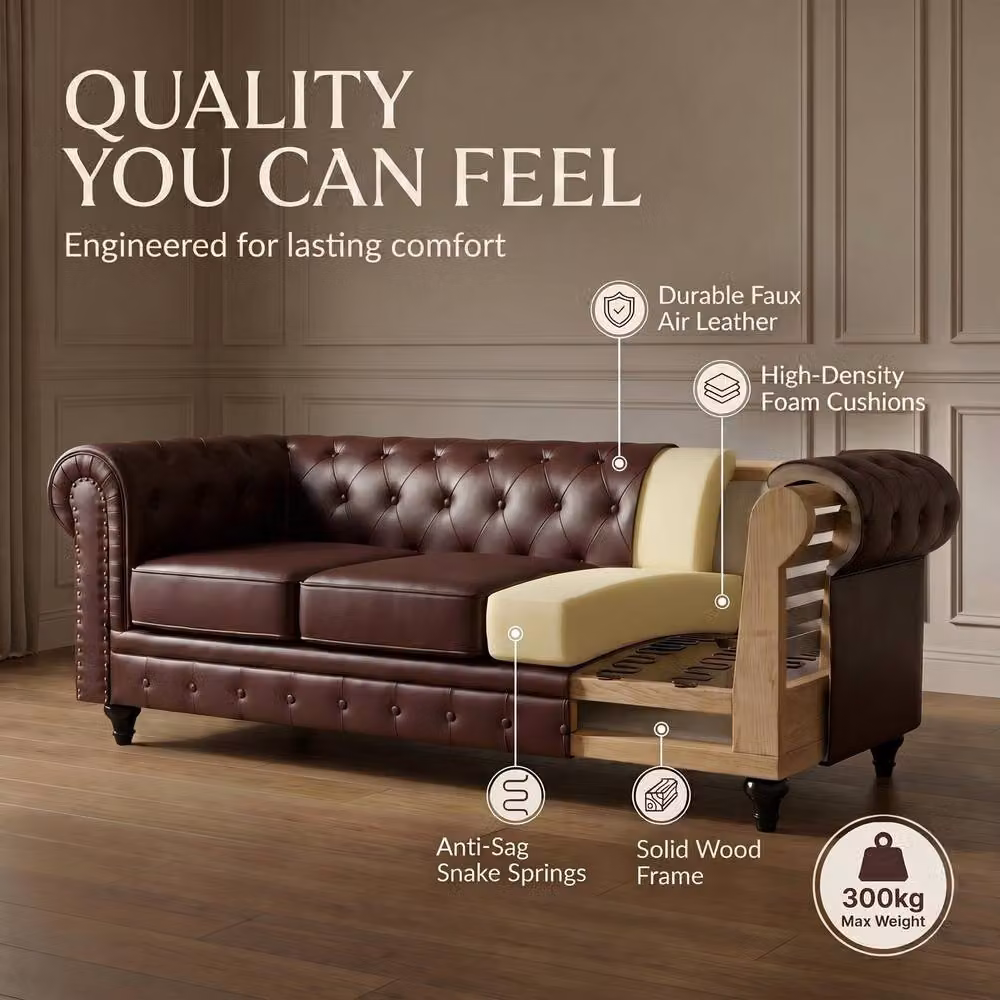 Bravich LTD Chesterfield Scroll Arm Faux Leather Settee in Brown, 2 Pack – 5