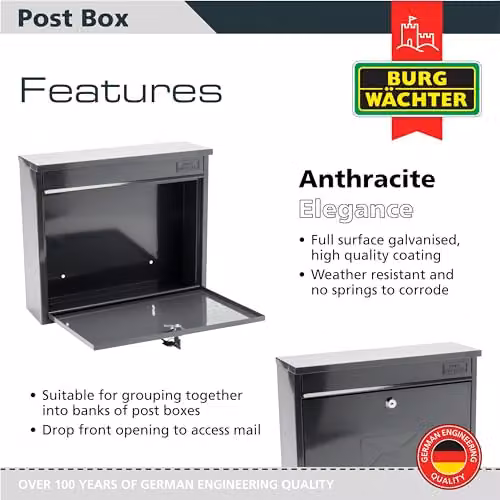 Burg-Wächter MB02A Anthracite Elegance Wall Mounted Galvanised Steel Lockable Weatherproof Post Box W/D/H: 36 x 31 x 10 cm – 2