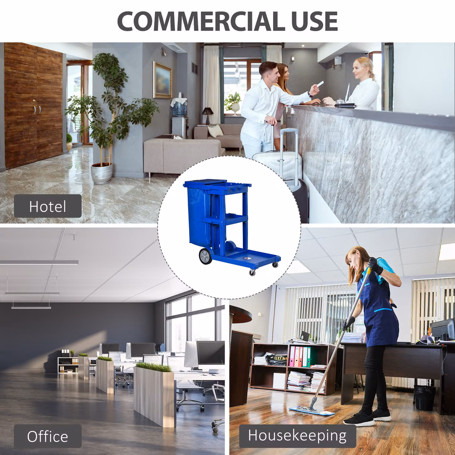 HOMCOM Blue Janitorial Trolley Housekeeping Utility Service Unit with 3 Tier Shelves, Rubbish Bag and Hooks – 6