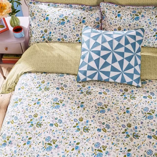 Land & Shore Ethel Reversible Cotton Double Duvet Cover and Pillowcase Set, Green Floral, W: 140 cm, H: 200 cm