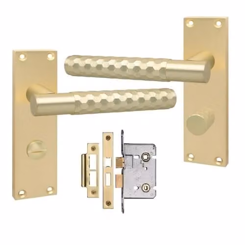 Golden Grace Victorian Knurled Bathroom Door Handle with Long Backplate in Satin Brass