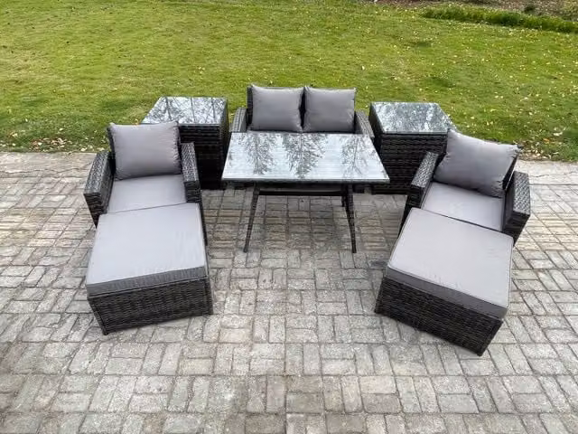 Fimous 6 Seater Rattan Wicker Garden Furniture Set with Rectangular Dining Table and Armchairs in Dark Grey