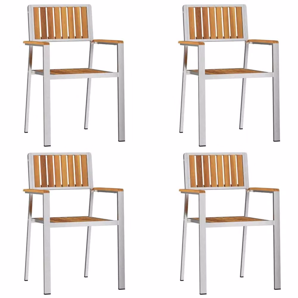 Berkfield Home Set of 4 Stackable Garden Chairs in Silver Acacia Wood and Stainless Steel – 2