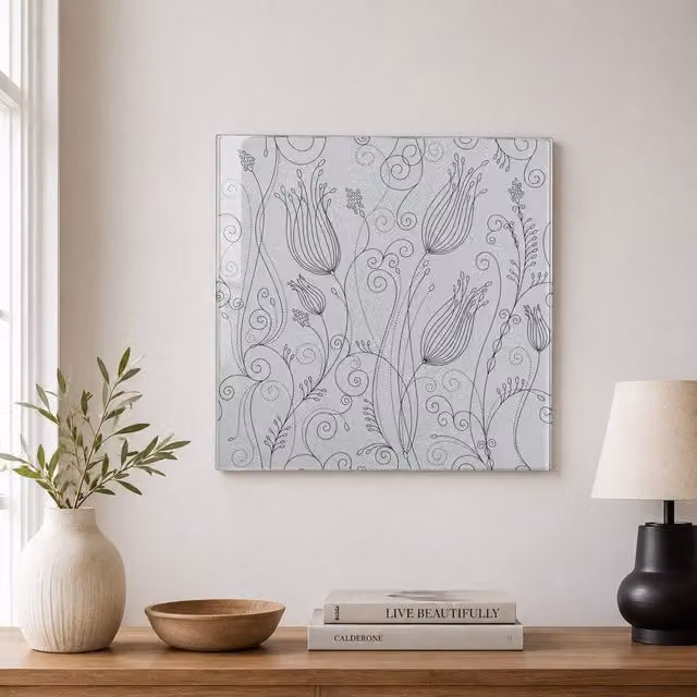 Orsina Modern Floral Tulip Glass Print Wall Decor in White or Black