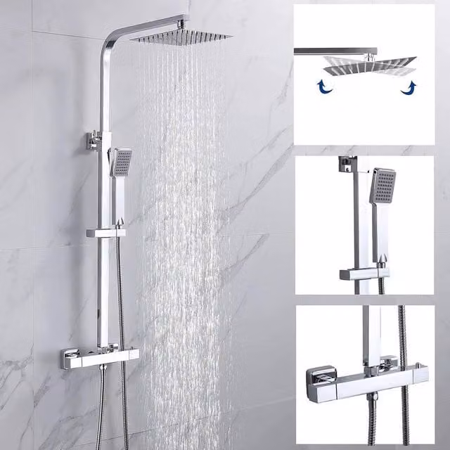 VOGREX Chrome Thermostatic Exposed Dual-Head Shower Set with Rain Overhead Shower in Silver – 1