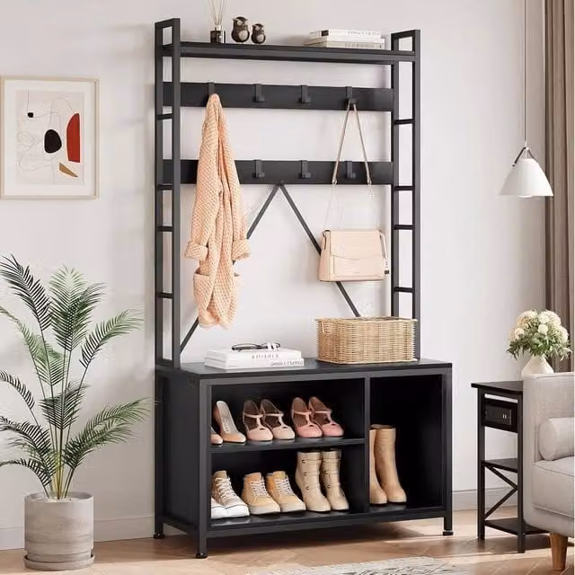 KORVIXA Black 5 in 1 Modern Hall Tree Bench with Coat Rack and Shoe Storage, W: 90 cm – 1
