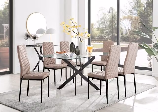 FurnitureboxUK Leonardo Glass Dining Table with 6 Milan Faux Leather Chairs in Cappuccino
